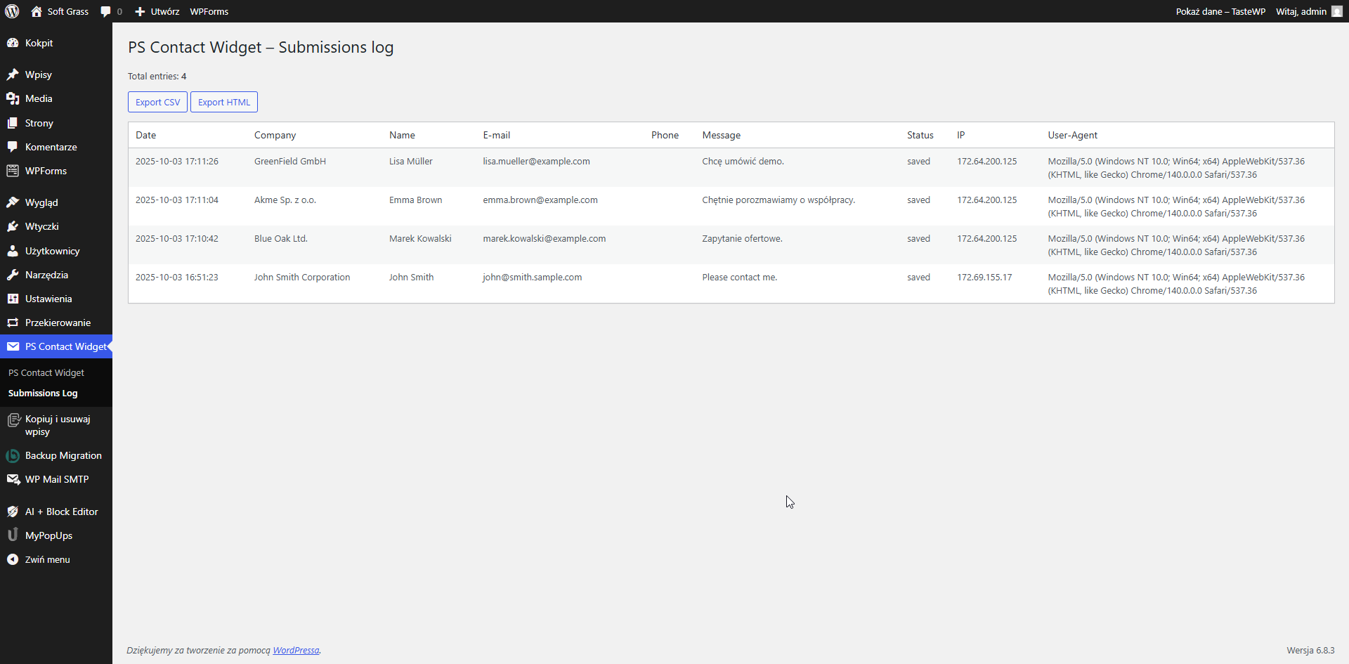Submissions log table