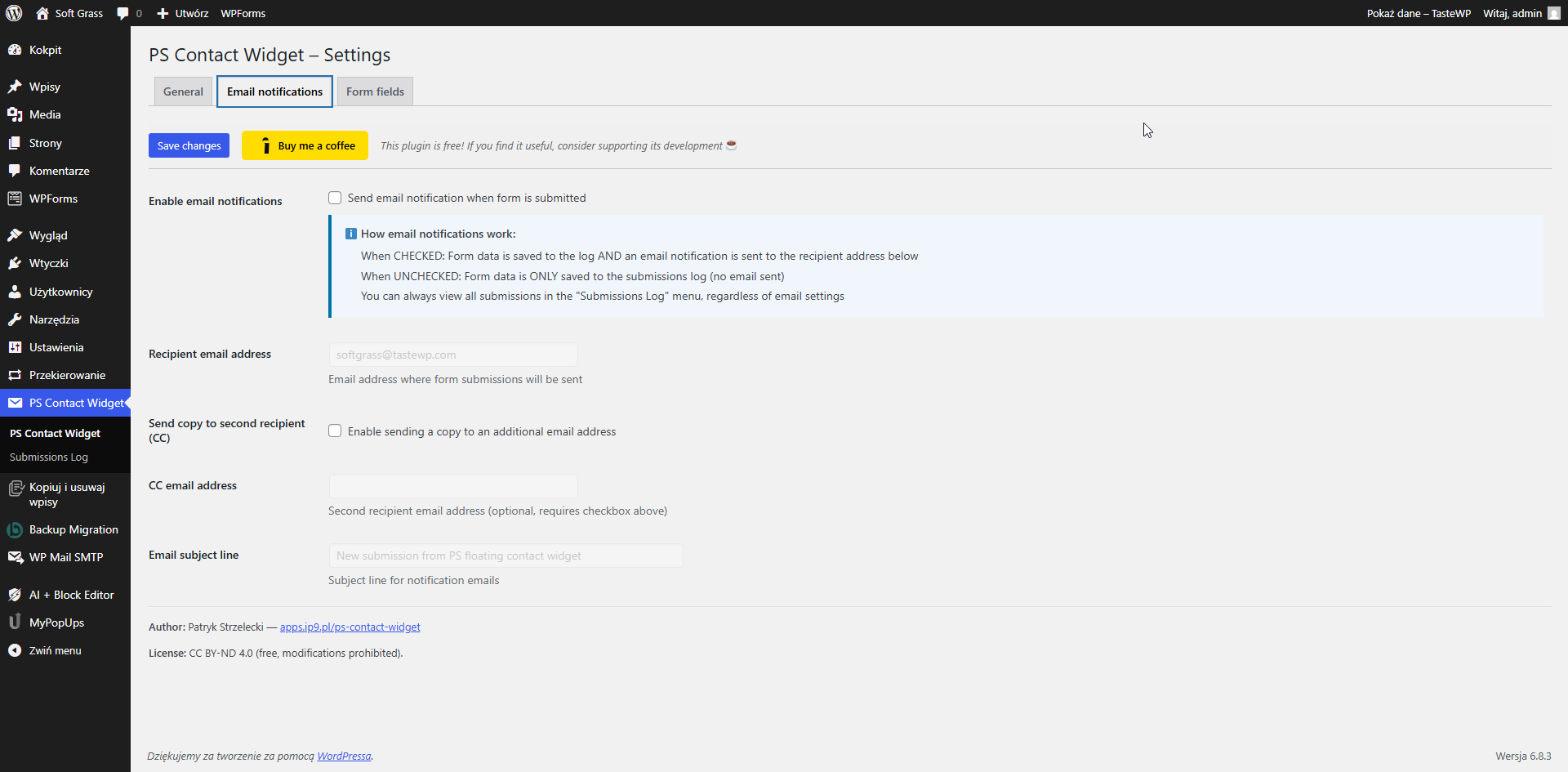 Email notifications tab
